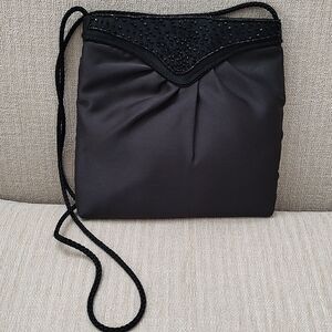 Black Satin Pleated Evening Shoulder Bag with Bead Detail